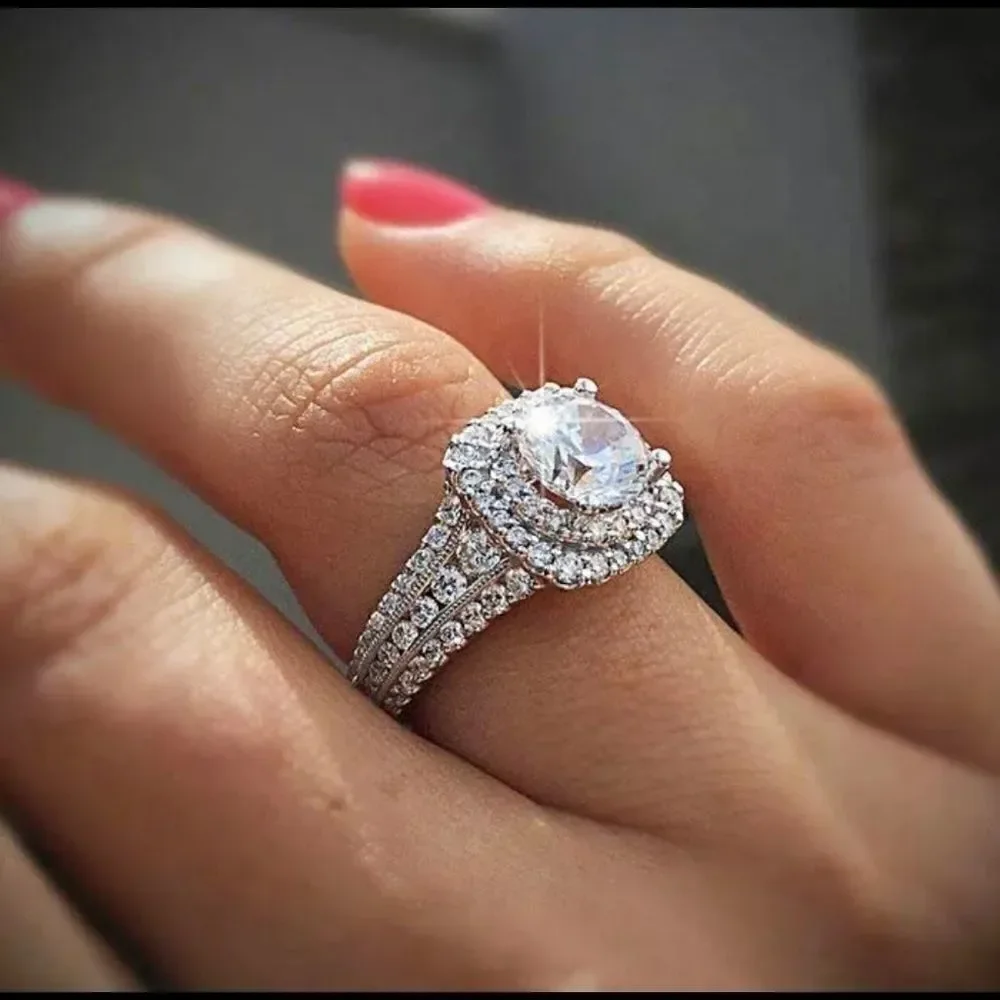 Exquisite Silver Gold Filled Cz Double Halo Rings